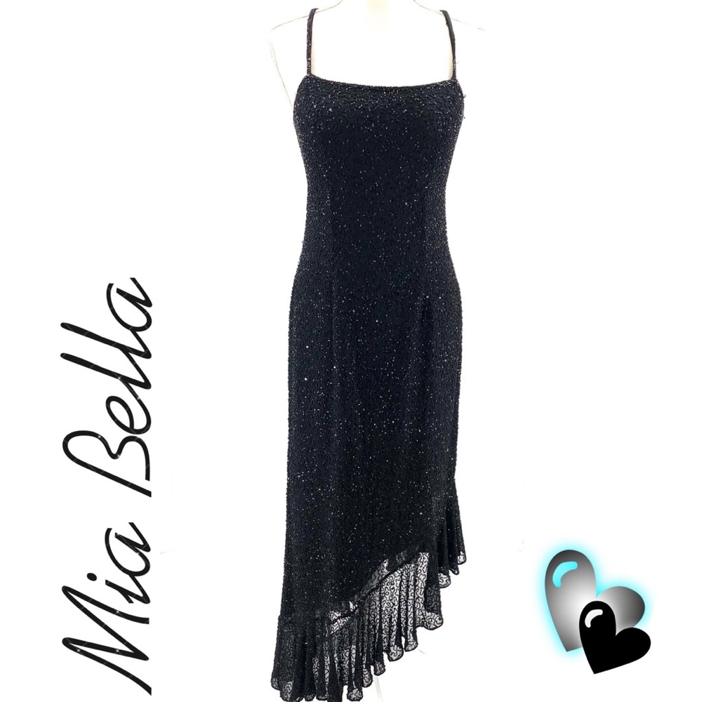 Mia Bella Couture Black Beaded Long Formal Dress